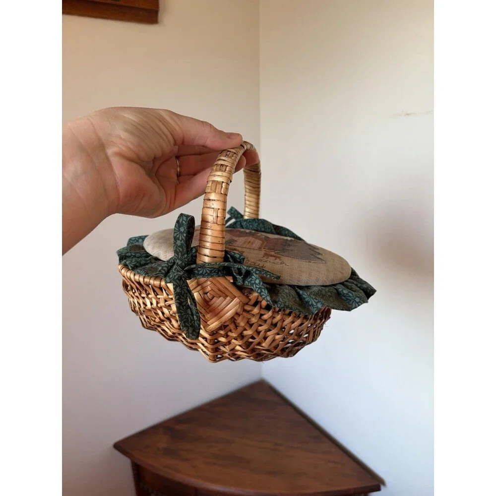 Cabin Wicker Sewing Basket w/ Handle, Fabric Lid 